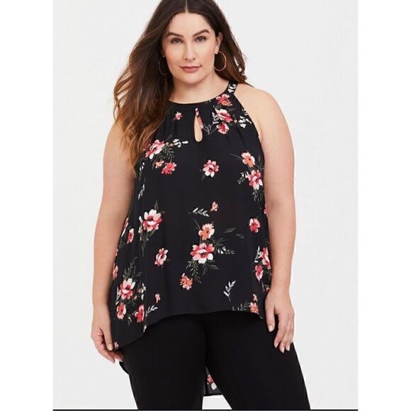 TORRID Black Floral Design Hi Lo Sleeveless Tank Blouse Women Size 1X goddess - Picture 1 of 8